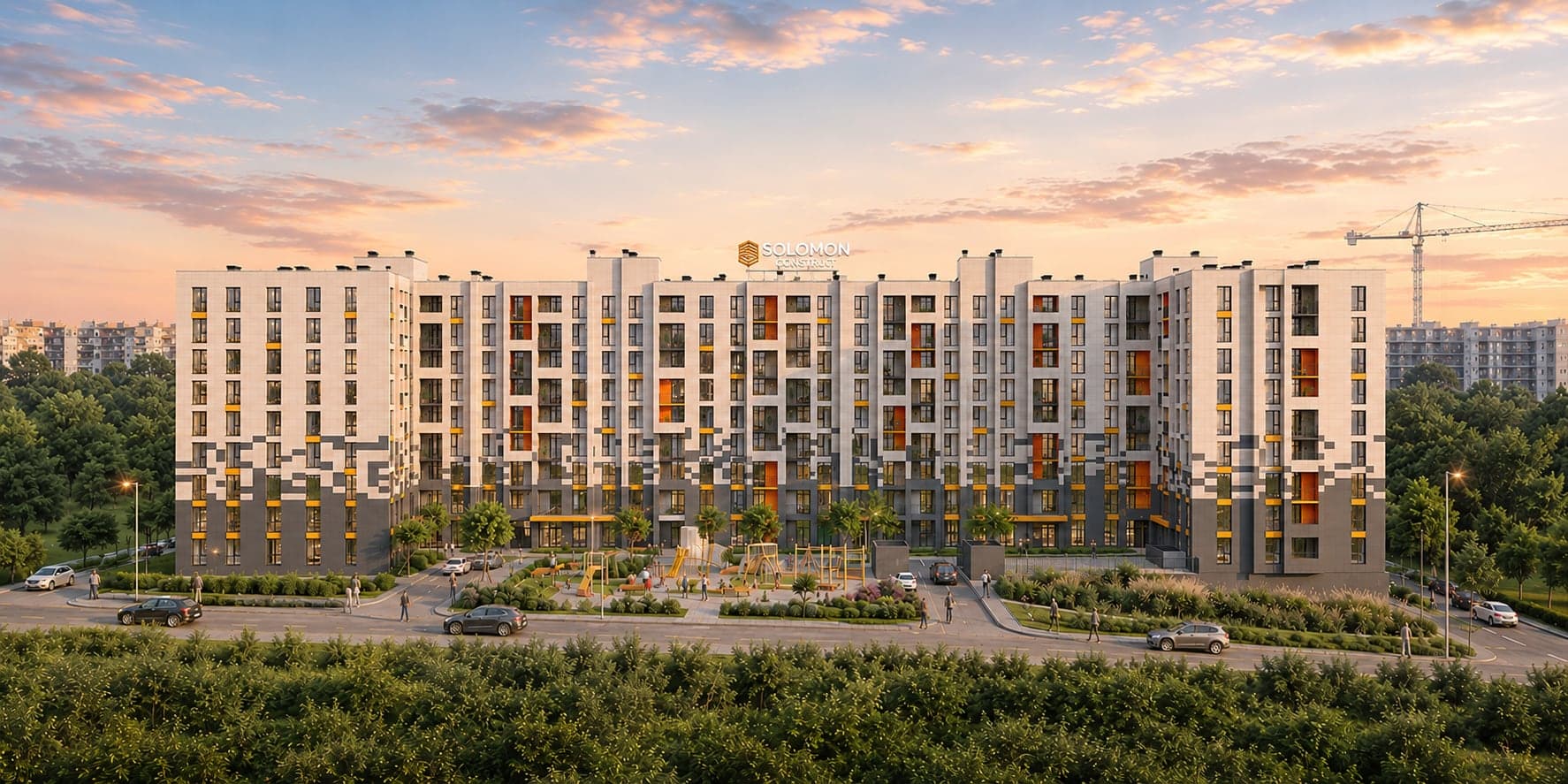Vedere de ansamblu a celor patru blocuri Favorit Residence 3, folosită ca bază pentru selectorul de intrări